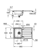 Grohe nerūdijančio plieno plautuvė K500, 86 x 50 cm