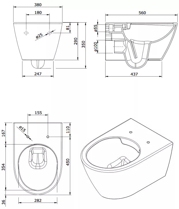 Pakabinamas unitazas SANLIFE Rimflush be nuplovimo lanko (380x560x352mm), baltas