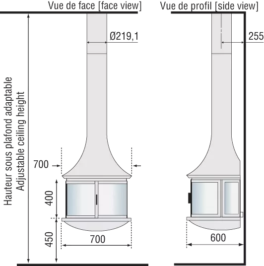 Plieninis židinys Bordelet Lea 998, sieninis, su stiklu