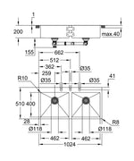 Grohe nerūdijančio plieno plautuvė K800, dubens išmatavimai 46,2 x 40 cm, su dviem dubenimis