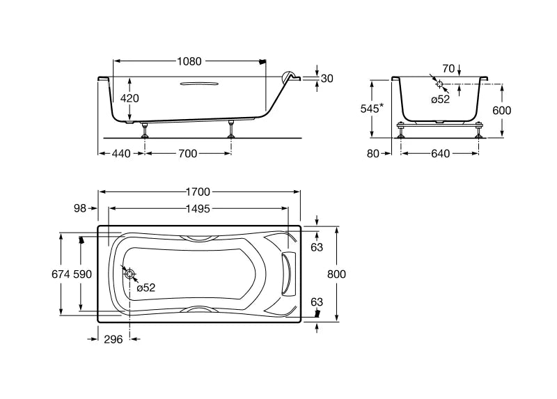 BECOOL 170 × 80 cm vienvietė akrilinė vonia, su atrama galvai ir chromuotomis rank.