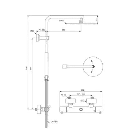 Ideal Standard T125 termostatinė dušo sistema su apvalia metaline 300 mm pagrindinė dušo galva, rankinis dušas "stick",