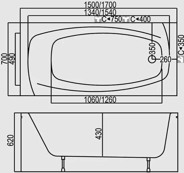 Vonia LINA 1500x700 mm, balta