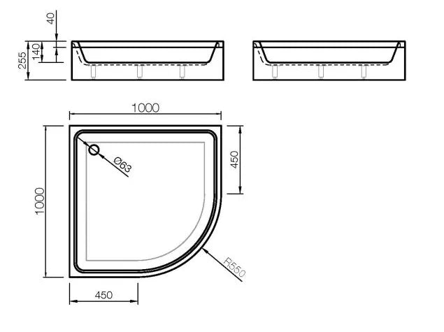 (n.k.-200211)Akmens masės dušo padėklas R-100, 100x100 cm, pusapvalis, R-550