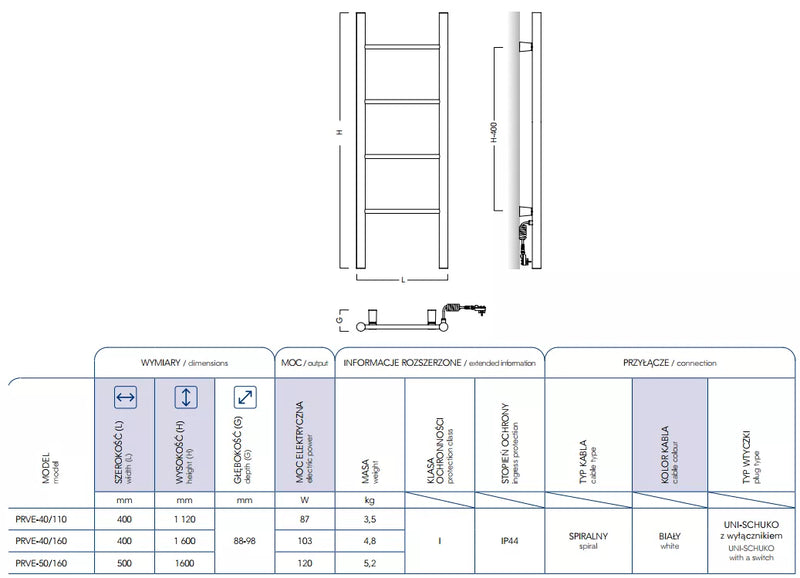 Elektrinis gyvatukas PRIMAVERA, PRVE-50/160C31 juoda matinė (laidas kaireje)