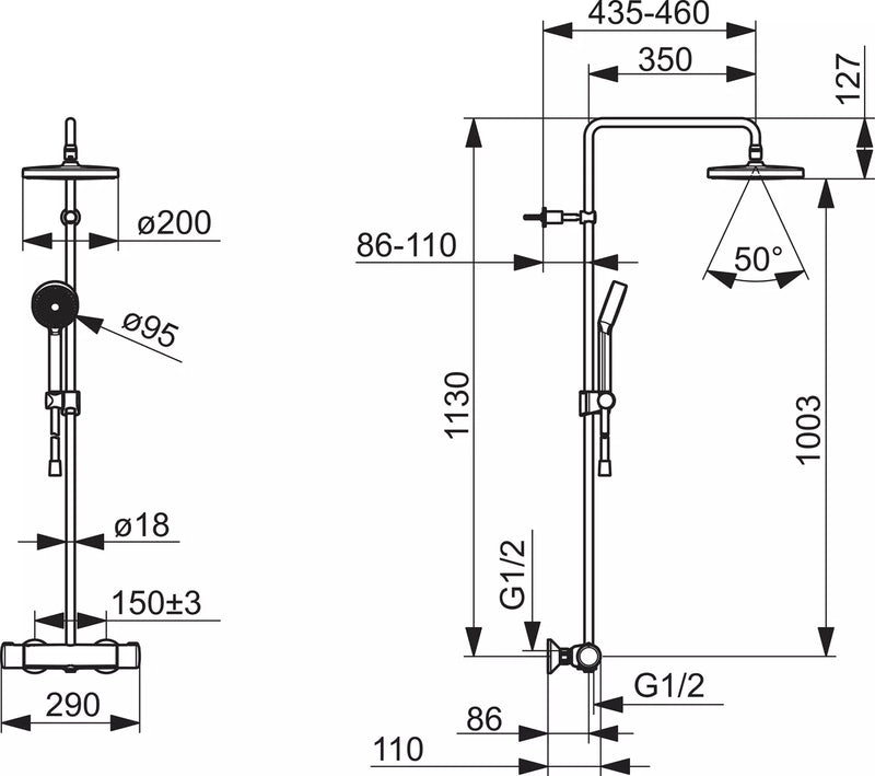 Termostatinė lietaus dušo sistema NOVA su rankiniu dušu, chromas