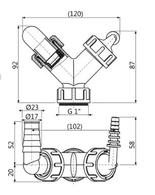 Atšaka skalbimo mašinos ir džiovyklės pajungimui (G1"/8–23) Alca Plast dviguba
