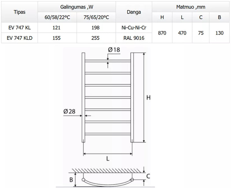 Varinis rankšluosčių džiovintuvas kopetėlės EV747KL 870x470cc, chromas