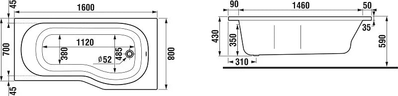 Jika TIGO asimetrinė vonia 160 × 80/70 montavimui su uždengimu, dešininė, be kojelių, 185l, balta